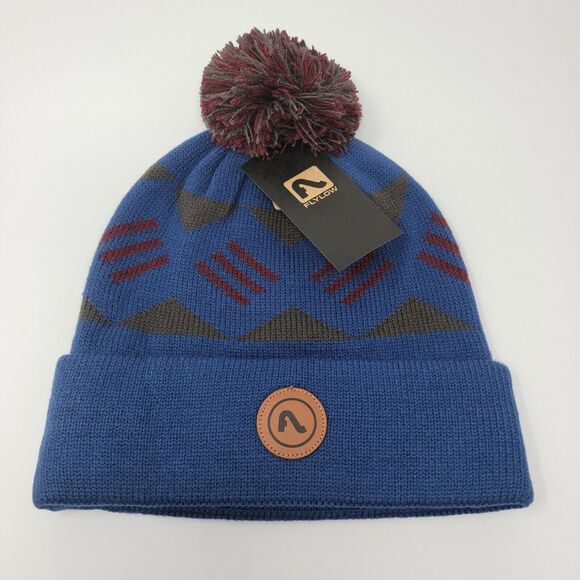 Flylow Revival Pom Beanie Saphire Blue Red Gray Knit Hat Unisex Size OSFM NEW - Picture 1 of 6